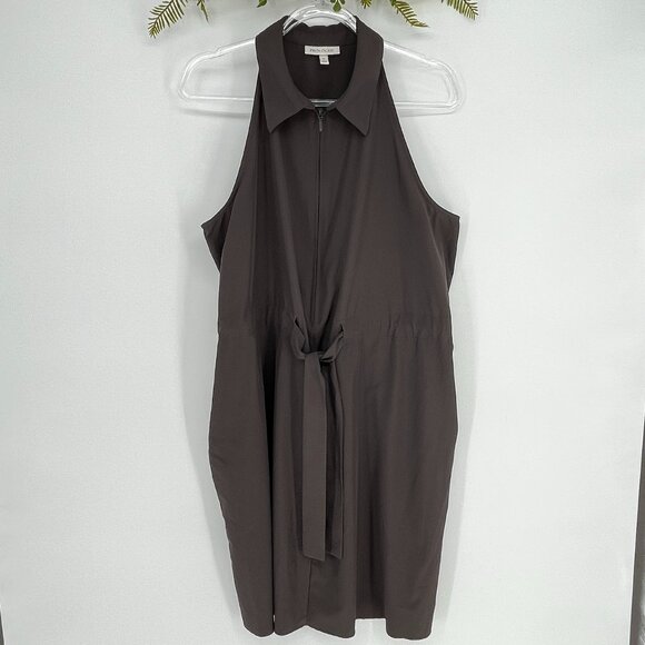 Prologue Sleeveless Dress Pockets Size XL Brown Collard Zip Up Drawstring Waist - Picture 3 of 12
